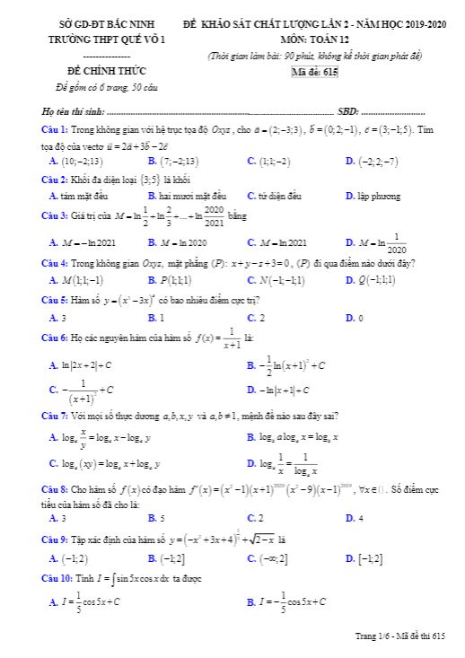 Đề khảo sát chất lượng Toán 12 lần 2 năm 2019 2020 trường Quế Võ 1 Bắc Ninh