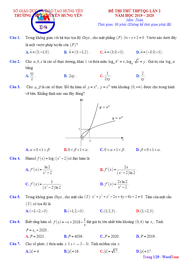 Đề khảo sát chất lượng Toán 12 lần 2 năm 2019 2020 trường THPT chuyên Hưng Yên