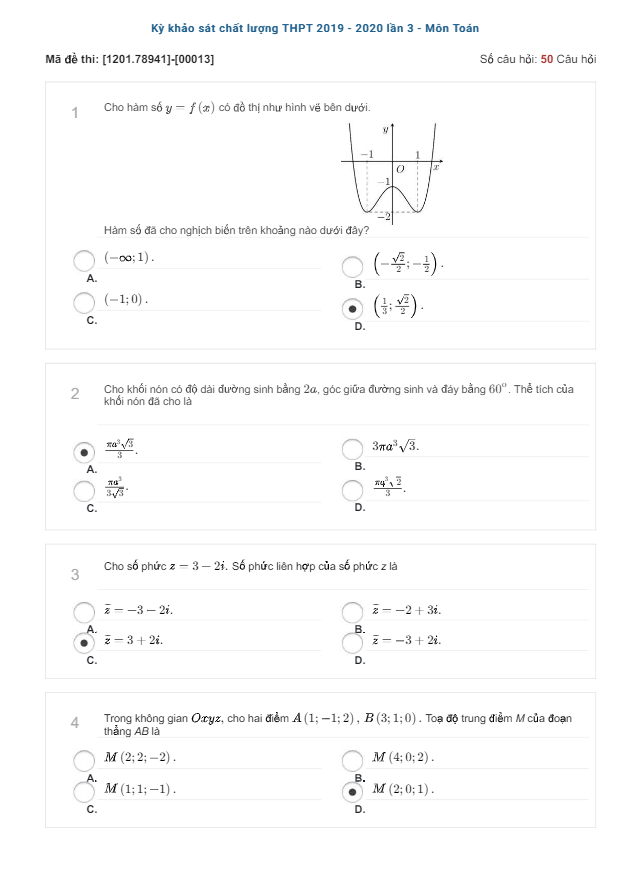 Đề khảo sát chất lượng Toán 12 lần 3 năm 2019 2020 sở GD&ĐT Hà Nội