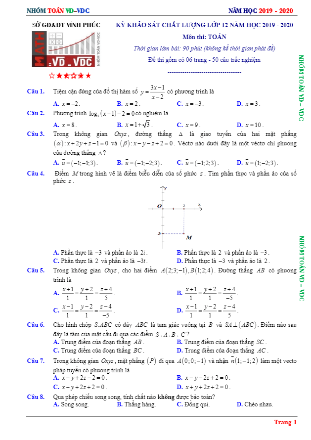 Đề khảo sát chất lượng Toán 12 năm 2019 2020 sở GD&ĐT Vĩnh Phúc