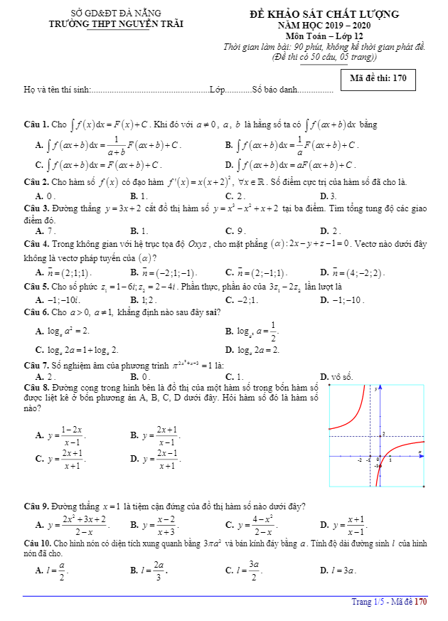 Đề khảo sát chất lượng Toán 12 năm 2019 2020 trường Nguyễn Trãi Đà Nẵng