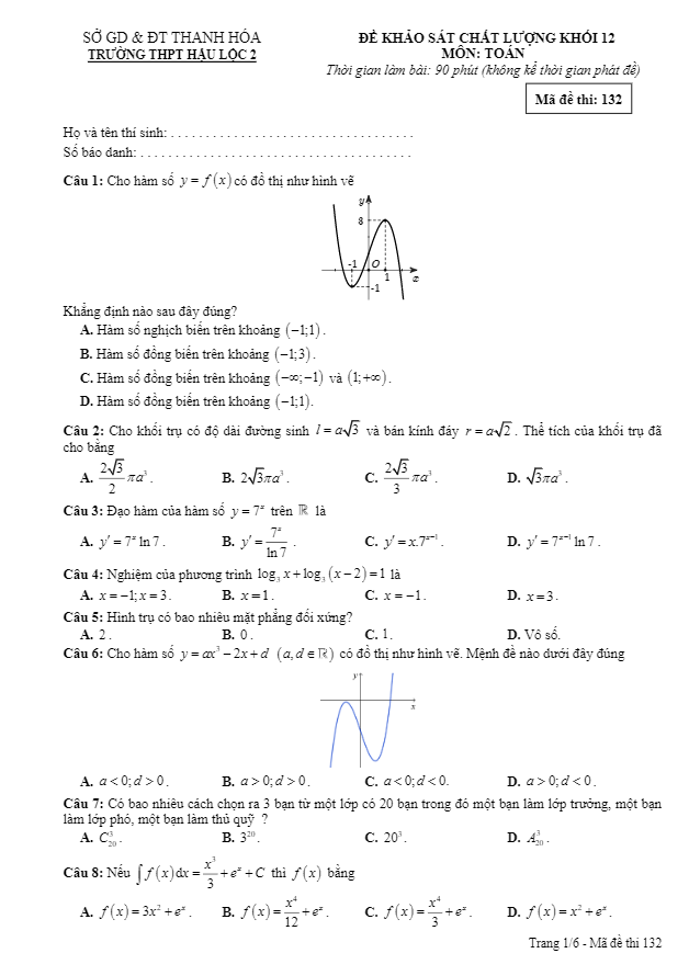 Đề khảo sát chất lượng Toán 12 năm 2020 trường THPT Hậu Lộc 2 Thanh Hóa