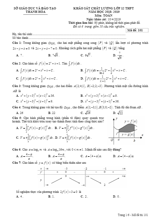Đề khảo sát chất lượng Toán 12 năm học 2018 2019 sở GD&ĐT Thanh Hóa