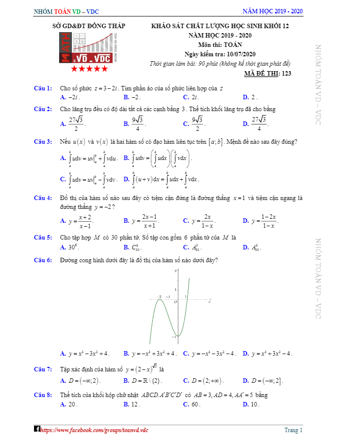 Đề khảo sát chất lượng Toán 12 năm học 2019 2020 sở GD&ĐT Đồng Tháp