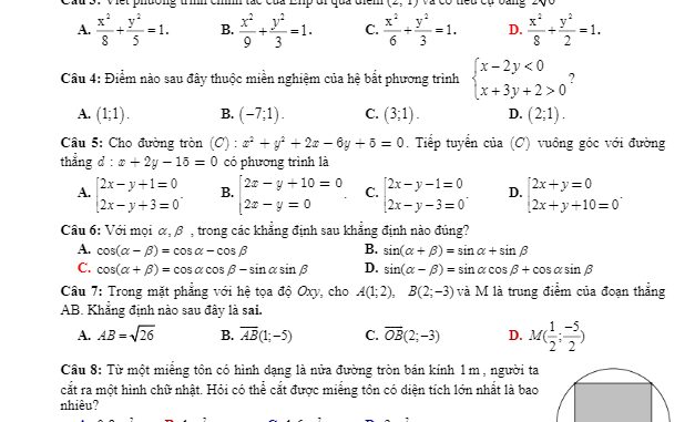 Đề khảo sát đầu năm Toán 11 năm 2019 2020 trường Lương Tài 2 Bắc Ninh