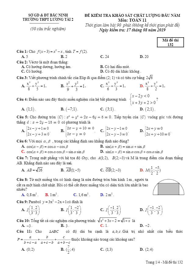 Đề khảo sát đầu năm Toán 11 năm 2019 2020 trường Lương Tài 2 Bắc Ninh