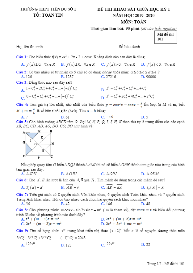 Đề khảo sát giữa kỳ 1 Toán 11 năm 2019 2020 trường Tiên Du 1 Bắc Ninh