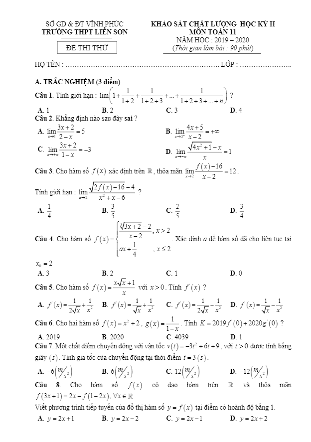 Đề khảo sát học kỳ 2 Toán 11 năm 2019 2020 trường THPT Liễn Sơn Vĩnh Phúc