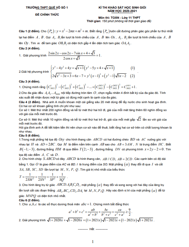 Đề khảo sát học sinh giỏi Toán 11 năm 2020 2021 trường THPT Quế Võ 1 Bắc Ninh