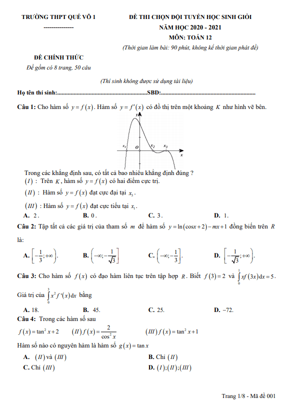 Đề khảo sát học sinh giỏi Toán 12 năm 2020 2021 trường THPT Quế Võ 1 Bắc Ninh