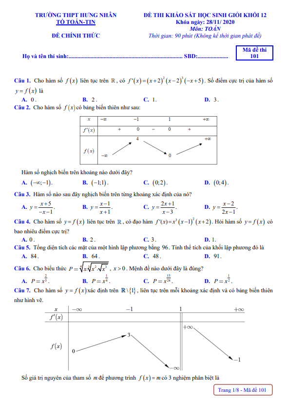 Đề khảo sát HSG Toán 12 năm 2020 2021 trường THPT Hưng Nhân Thái Bình