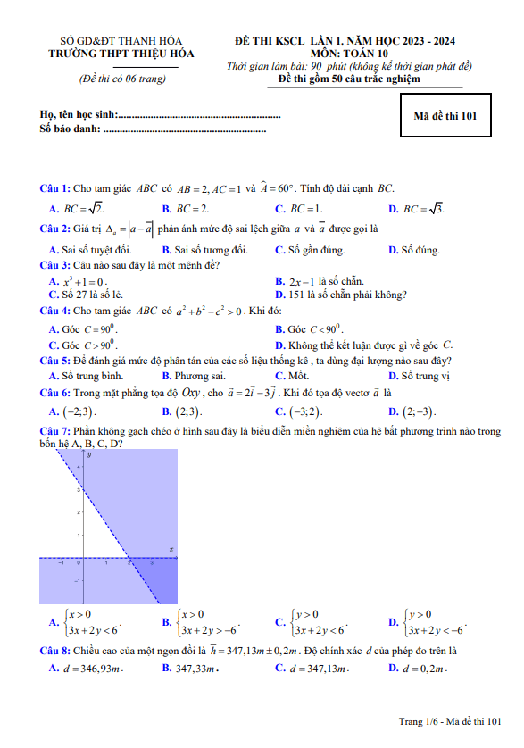 Đề khảo sát lần 1 Toán 10 năm 2023 2024 trường THPT Thiệu Hóa Thanh Hóa