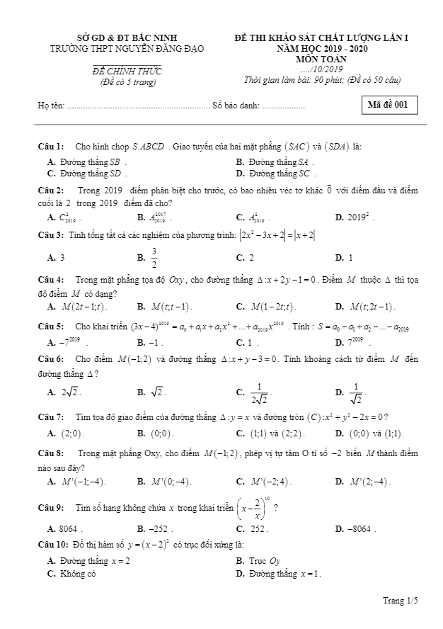 Đề khảo sát lần 1 Toán 11 năm 2019 2020 trường Nguyễn Đăng Đạo Bắc Ninh