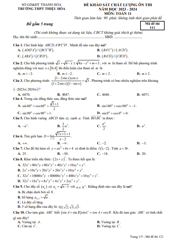 Đề khảo sát lần 1 Toán 11 năm 2023 2024 trường THPT Thiệu Hóa Thanh Hóa