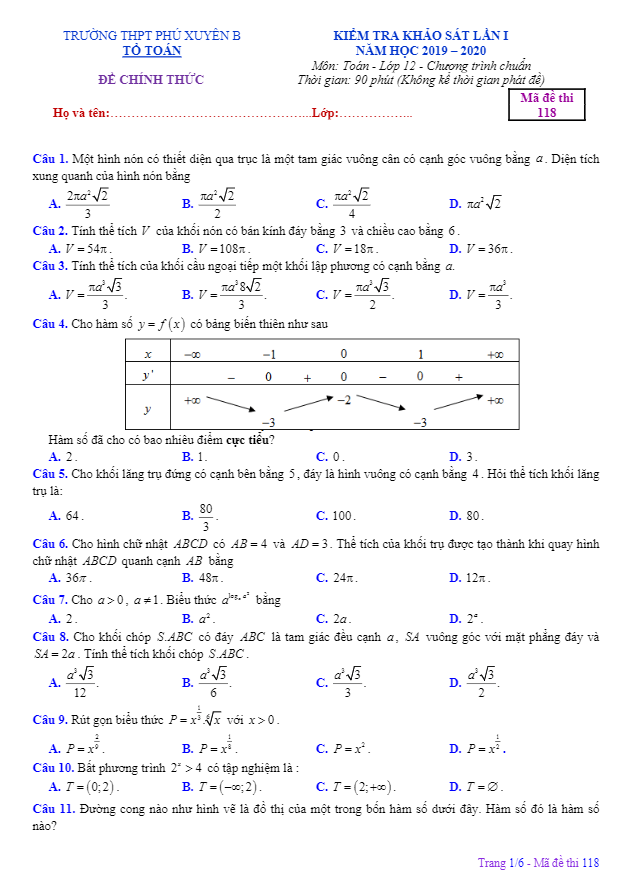 Đề khảo sát lần 1 Toán 12 năm 2019 2020 THPT Phú Xuyên B Hà Nội