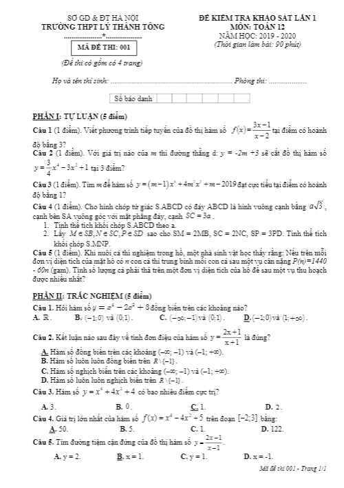 Đề khảo sát lần 1 Toán 12 năm 2019 2020 trường Lý Thánh Tông Hà Nội