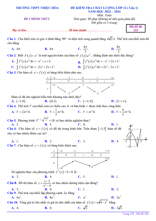 Đề khảo sát lần 1 Toán 12 năm 2023 2024 trường THPT Thiệu Hóa Thanh Hóa