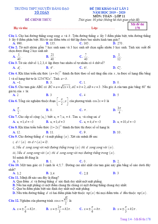 Đề khảo sát lần 2 Toán 11 năm 2019 2020 trường Nguyễn Đăng Đạo Bắc Ninh