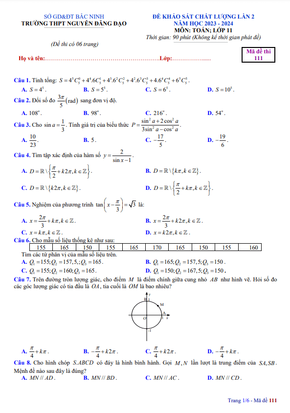 Đề khảo sát lần 2 Toán 11 năm 2023 2024 trường THPT Nguyễn Đăng Đạo Bắc Ninh