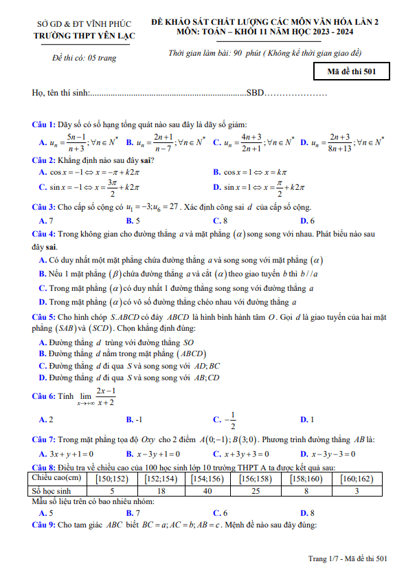 Đề khảo sát lần 2 Toán 11 năm 2023 2024 trường THPT Yên Lạc Vĩnh Phúc
