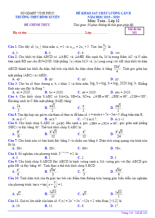 Đề khảo sát lần 2 Toán 12 năm 2019 2020 trường Bình Xuyên Vĩnh Phúc