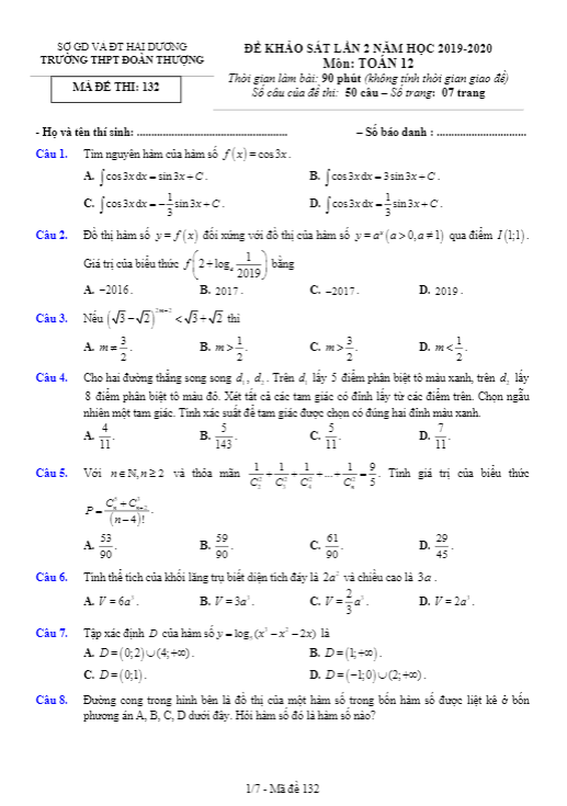 Đề khảo sát lần 2 Toán 12 năm 2019 2020 trường Đoàn Thượng Hải Dương