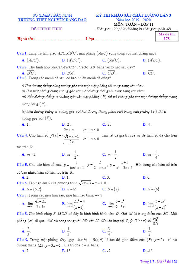 Đề khảo sát lần 3 Toán 11 năm 2019 2020 trường Nguyễn Đăng Đạo Bắc Ninh