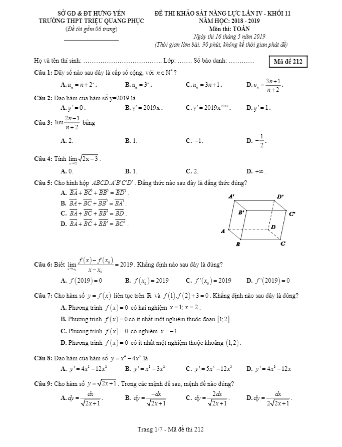 Đề khảo sát năng lực Toán 11 năm 2018 – 2019 trường Triệu Quang Phục Hưng Yên lần 4