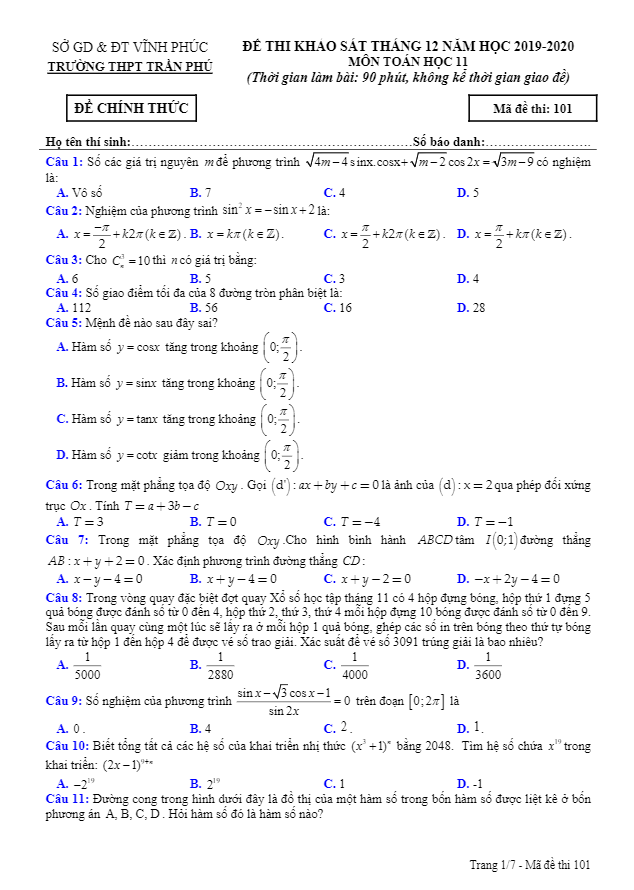 Đề khảo sát tháng 12/2019 môn Toán 11 trường THPT Trần Phú Vĩnh Phúc