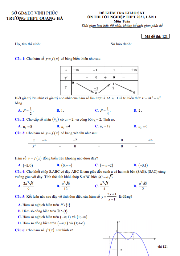 Đề khảo sát thi THPT 2021 lần 1 môn Toán trường THPT Quang Hà Vĩnh Phúc