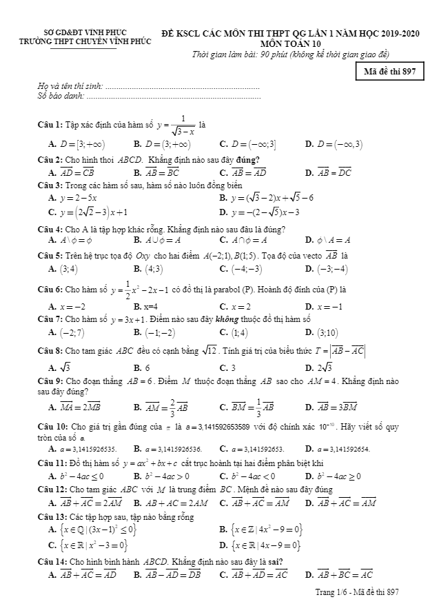 Đề khảo sát THPTQG lần 1 Toán 10 năm 2019 2020 trường chuyên Vĩnh Phúc