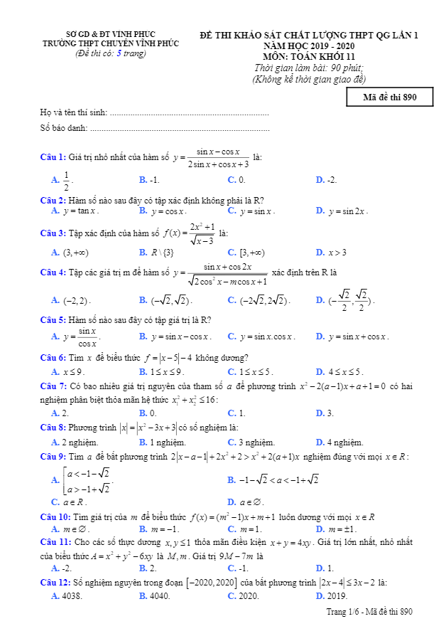 Đề khảo sát THPTQG lần 1 Toán 11 năm 2019 2020 trường chuyên Vĩnh Phúc