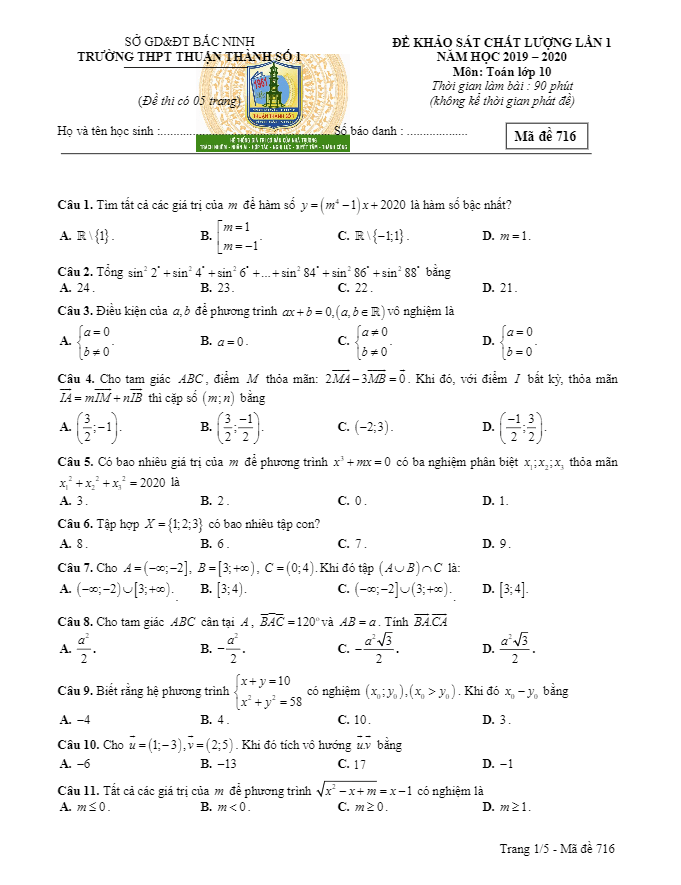 Đề khảo sát Toán 10 lần 1 năm 2019 2020 trường Thuận Thành 1 Bắc Ninh