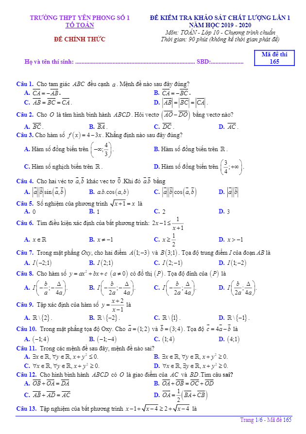 Đề khảo sát Toán 10 lần 1 năm 2019 2020 trường Yên Phong 1 Bắc Ninh