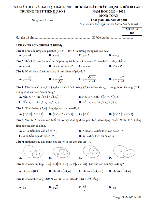 Đề khảo sát Toán 10 lần 1 năm 2020 2021 trường Tiên Du 1 Bắc Ninh