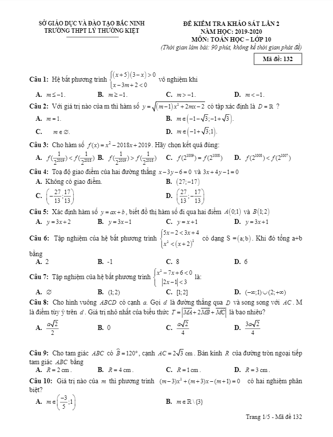 Đề khảo sát Toán 10 lần 2 năm 2019 2020 trường THPT Lý Thường Kiệt Bắc Ninh