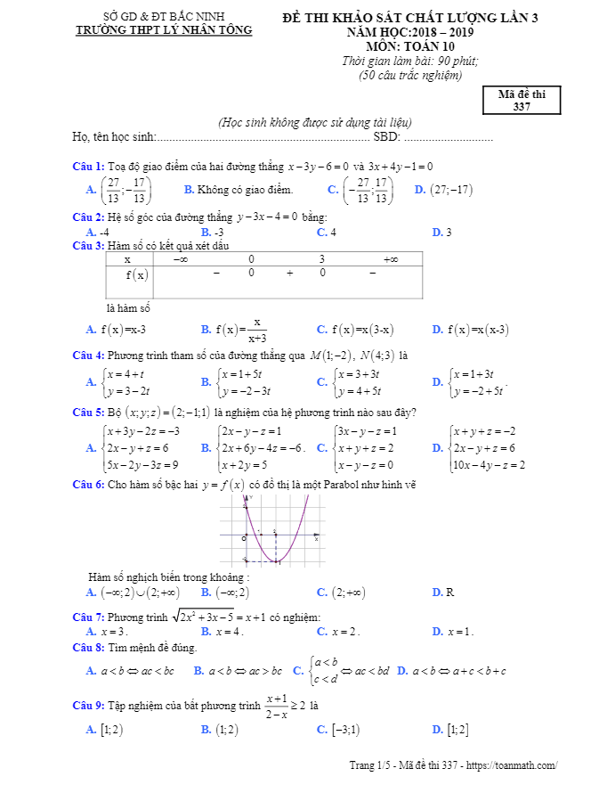 Đề khảo sát Toán 10 lần 3 năm 2018 2019 trường Lý Nhân Tông Bắc Ninh