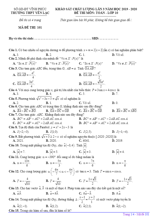 Đề khảo sát Toán 10 lần 3 năm 2019 2020 trường THPT Yên Lạc Vĩnh Phúc
