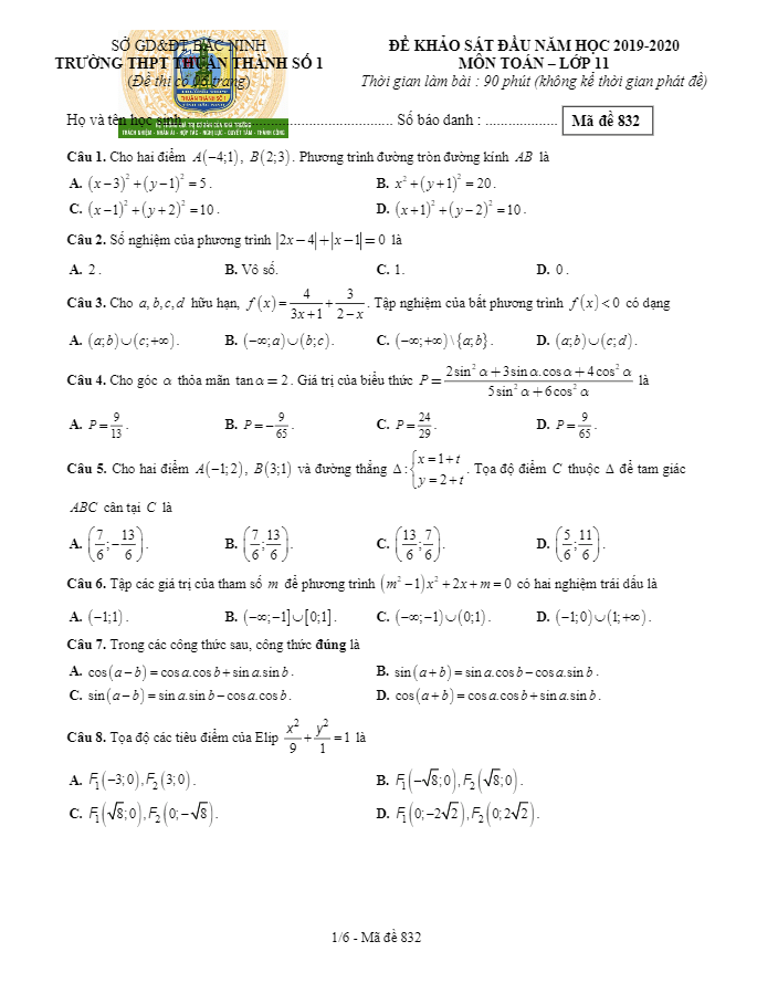 Đề khảo sát Toán 11 đầu năm học 2019 2020 trường Thuận Thành 1 Bắc Ninh