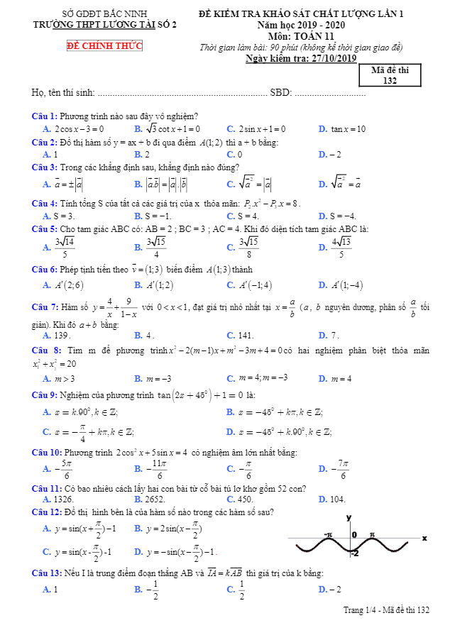 Đề khảo sát Toán 11 lần 1 năm 2019 2020 trường THPT Lương Tài 2 Bắc Ninh