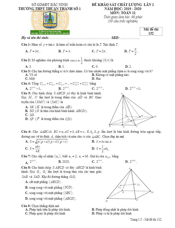Đề khảo sát Toán 11 lần 1 năm 2019 2020 trường Thuận Thành 1 Bắc Ninh