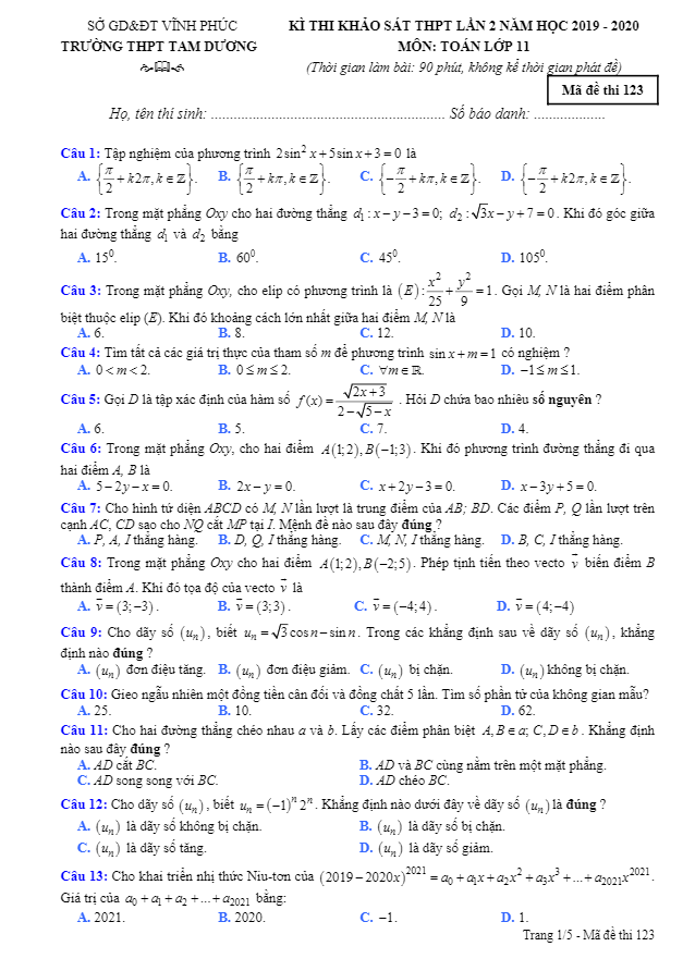 Đề khảo sát Toán 11 lần 2 năm 2019 2020 trường Tam Dương Vĩnh Phúc