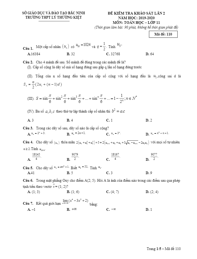 Đề khảo sát Toán 11 lần 2 năm 2019 2020 trường THPT Lý Thường Kiệt Bắc Ninh