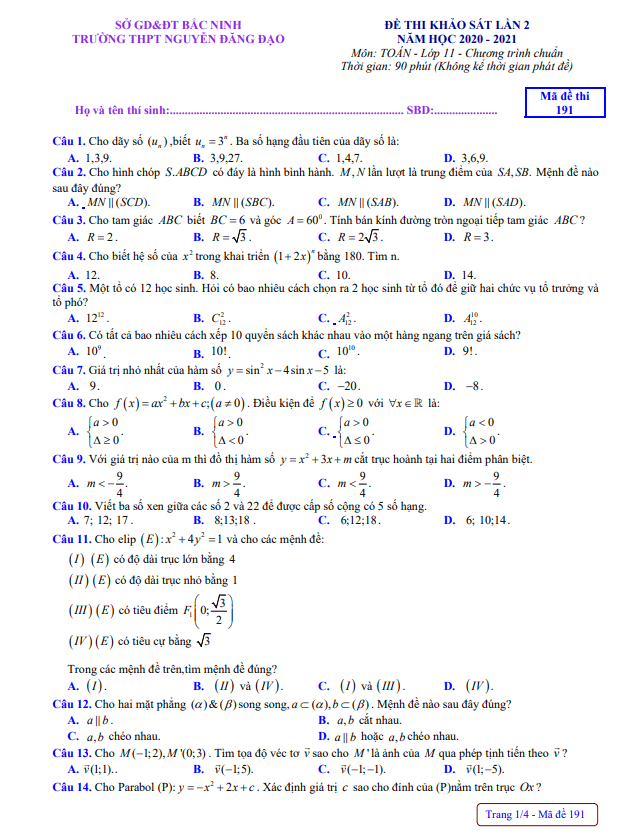 Đề khảo sát Toán 11 lần 2 năm 2020 2021 trường Nguyễn Đăng Đạo Bắc Ninh