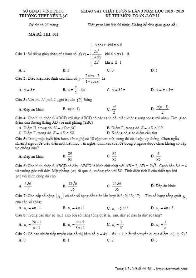 Đề khảo sát Toán 11 lần 3 năm 2018 2019 trường THPT Yên Lạc Vĩnh Phúc