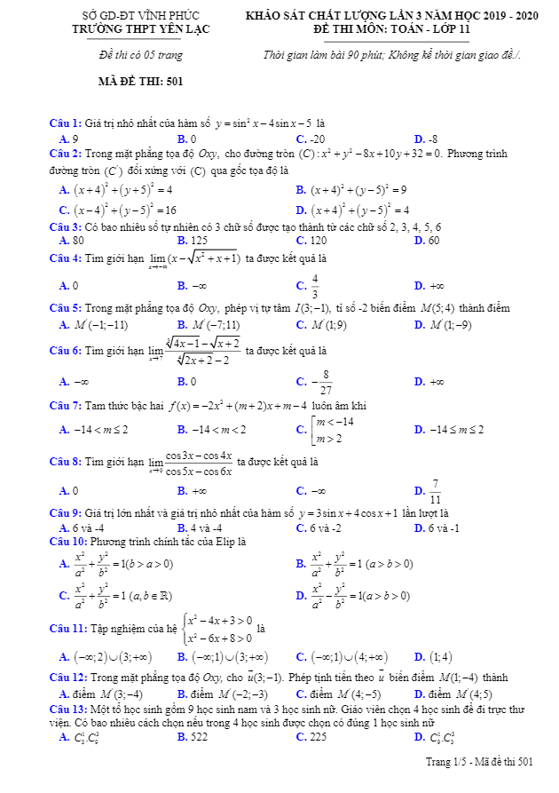 Đề khảo sát Toán 11 lần 3 năm 2019 2020 trường THPT Yên Lạc Vĩnh Phúc