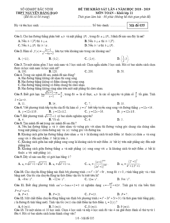 Đề khảo sát Toán 11 lần 4 năm 2018 2019 trường Nguyễn Đăng Đạo Bắc Ninh