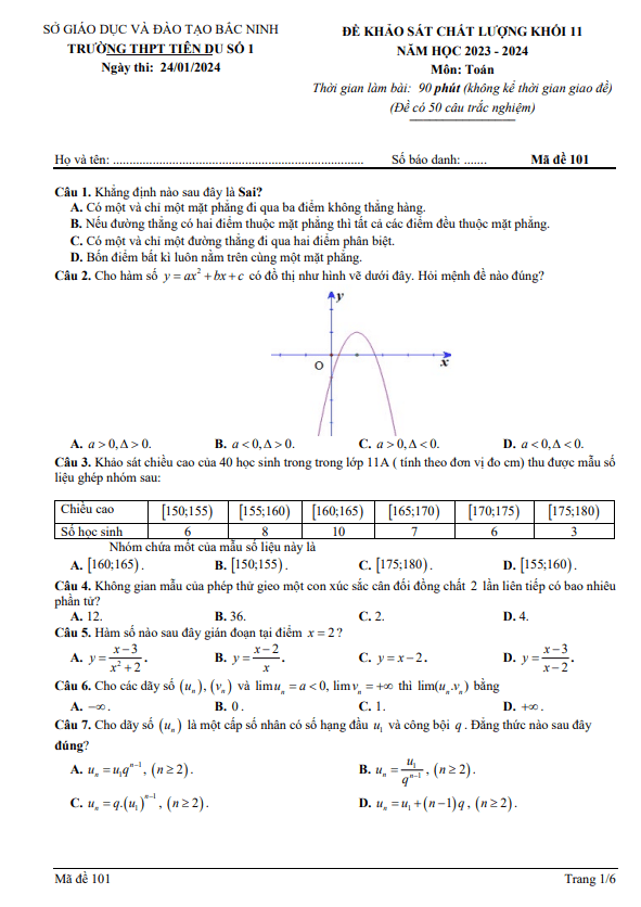 Đề khảo sát Toán 11 năm 2023 2024 trường THPT Tiên Du 1 Bắc Ninh