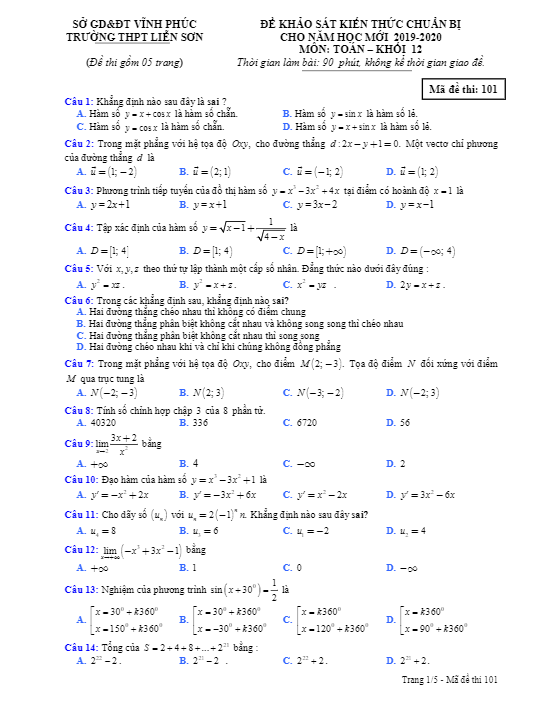 Đề khảo sát Toán 12 chuẩn bị năm học 2019 2020 trường Liễn Sơn Vĩnh Phúc
