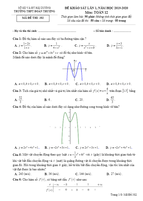 Đề khảo sát Toán 12 lần 1 năm 2019 2020 trường Đoàn Thượng Hải Dương